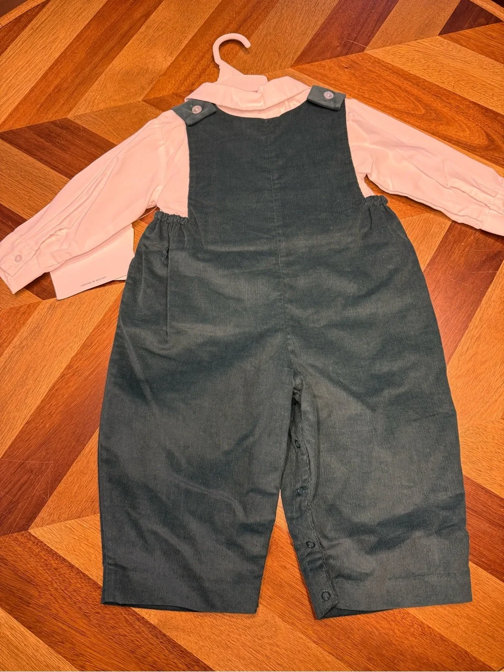 House of Hatten Vintage Dark Green Smocked Train Overalls with White Shirt 18 mo